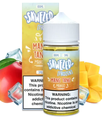 Botella de SKWEZED FROZEN MANG TANG MANGO 100 ML junto a mango fresco y hielo, destacando su sabor tropical y refrescante."